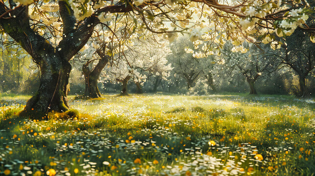 Spring Glade: Blooming Trees in Meadow, Natures Symphony in Colorful Harmony