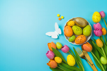 Easter holiday table setting with easter eggs and tulip flowers on blue background. Top view, flat...