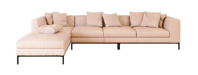 Long L-shaped sofa with pillows isolated on transparent background. 3D render