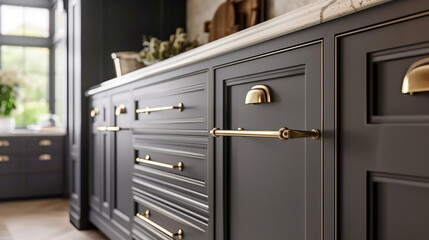 A kitchen cabinet with brass handles, creating a chic and timeless look in the room. - obrazy, fototapety, plakaty