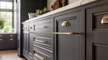 Papier Peint photo autocollant Vielles portes A kitchen cabinet with brass handles, creating a chic and timeless look in the room.