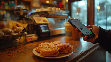 A person using a smartphone to pay for coffee at a cafe, showcasing contactless payment technology
