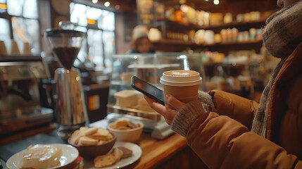A person using a smartphone to pay for coffee at a cafe, showcasing contactless payment technology