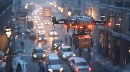 Drone with package  flying over the street