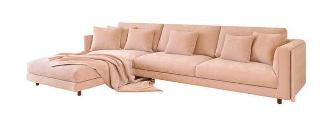 Pink L shape minimalist sofa with pillows , isolated on transparent background, furniture