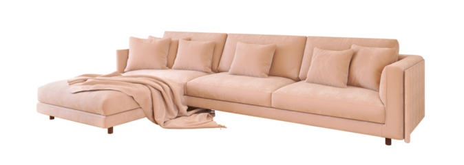 Pink L shape minimalist sofa with pillows , isolated on transparent background, furniture