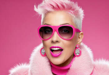 portrait of a woman with pink hair, sunglasses and outfit