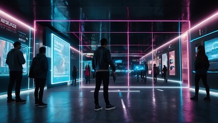 Fototapeta premium AR Future city concept, Urban Night Life with People Walking, Smiling, and Reflecting City Vibes, Photo realistic style, Metaverse concept with AR, VR, MR, modern style, cyberpunk , supermarket