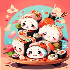 Vector cheerful sushi characters with cute faces on sushi plate background
