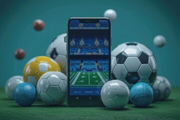 Smartphone with soccer balls on green grass. Online Casino and Betting Concept with Copy Space. Gambling Concept.