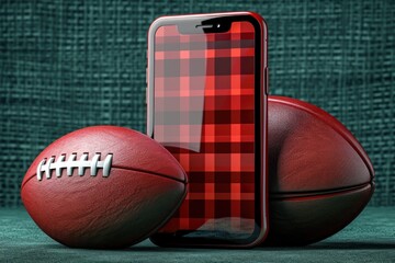 Smartphone with american football on green background. Online Casino and Betting Concept with Copy Space. Gambling Concept.