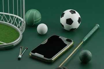 Sports equipment and mobile phone on green background. 3d illustration. Online Casino and Betting Concept with Copy Space. Gambling Concept.