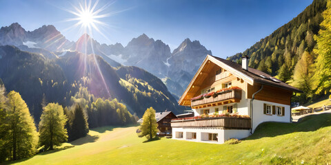 Sunny outdoor home scene in German Alps, Bavaria, Germany, Europe