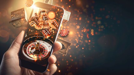 Casino gambling concept. Hand holding mobile phone with roulette and chips on dark background. Online Casino and Betting Concept with Copy Space. Gambling Concept. - obrazy, fototapety, plakaty