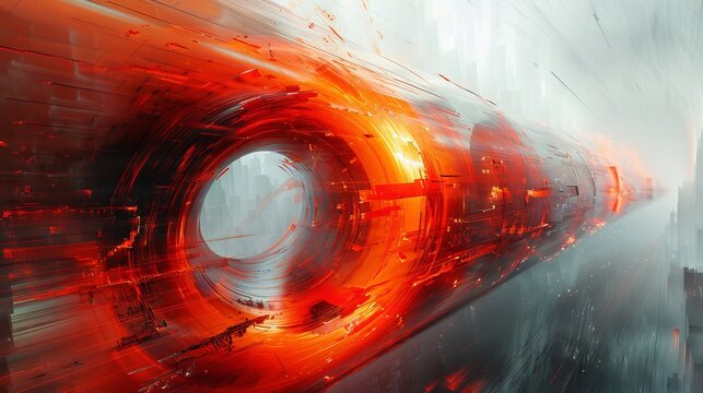 Fiery Red Orb Tunnel Accelerating in a Blurred Cityscape