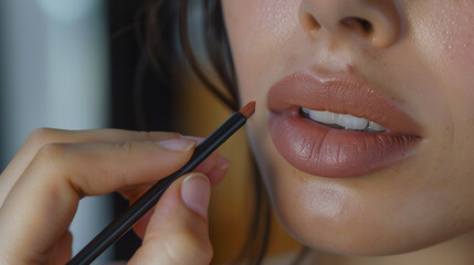 A woman using a lip liner to outline and define her lips softly