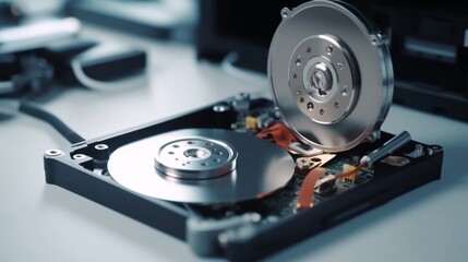 Open computer hard drive and phone ndoscope on a white background.Generative AI