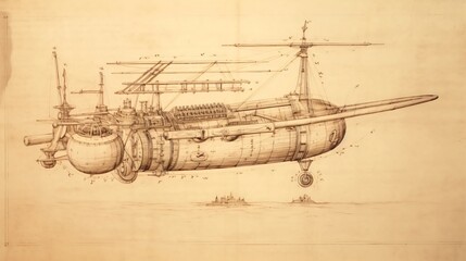 Abstract drawing displays ancient vehicle. Technical sketch unveils old machinery.
