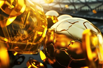 Golden soccer ball on the background of the stadium. 3d illustration. Online Casino and Betting Concept with Copy Space. Gambling Concept.
