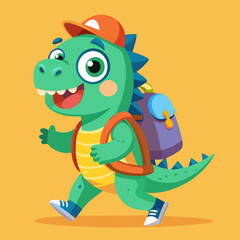 Pesonage dinosaur schoolboy with a briefcase running, cartoon art. Vector illustration