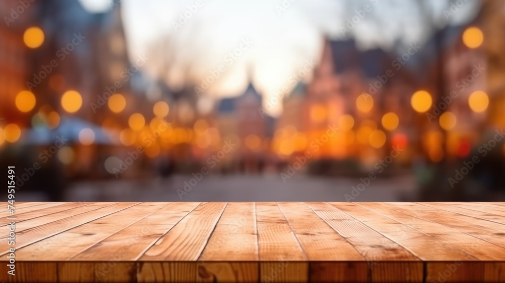 Poster the empty wooden table top with blur background of town square. exuberant image. generative ai