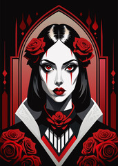 The tarot card depicts a mysterious girl with black hair and red roses in a gothic style. Vector cartoon illustration