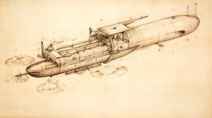 Abstract drawing features ancient vehicle. Technical sketch unveils old machinery.