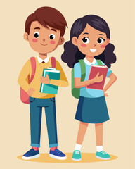 Two students boy and girl in school uniforms stand smiling and holding books. Vector cartoon illustration