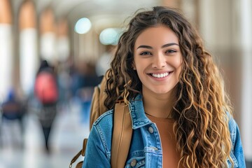 University student with a bright smile Embodying optimism and readiness for academic challenges - obrazy, fototapety, plakaty