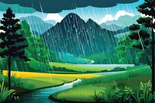 Raining in forest vector illustration background. Rainy Landscape. Tropical raining Background. Landscape in the rain. Vector illustration.  Rainy landscape. Summer rain illustration.