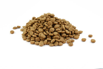 Pile of Dry Pet Food isolated on white background. Dog or cat food isolated.