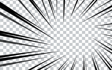 Obraz premium Comic book radial lines on transparent background. Manga speed frames, superhero action. Black and white vector retro illustration