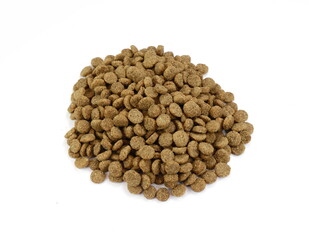 Pile of Dry Pet Food isolated on white background. Dog or cat food isolated.