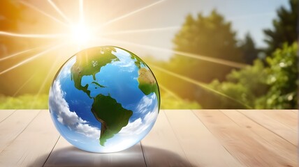 Earth transparent crystal glass globe with continents on daytime nature background with sunlight. Energy resources, save environment, save green planet, ecology, energy saving concept. World earth day