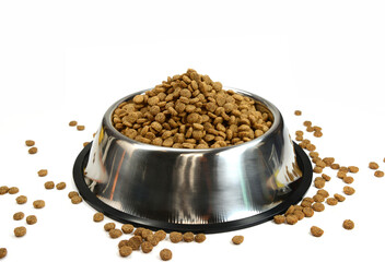 Dry Pet Food in a bowl isolated on white background. Dog or cat food isolated.