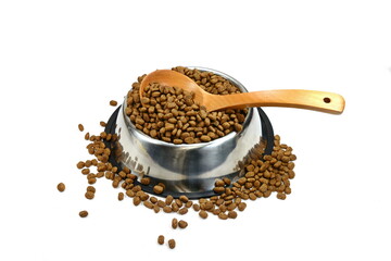 Dry Pet Food in a bowl isolated on white background. Dog or cat food isolated.