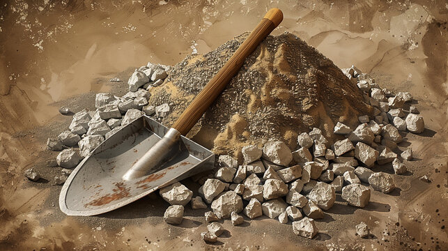 A pile of gravel, a shovel, and a pickaxe on a brown background.