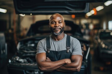 Obraz premium Portrait of a middle aged car mechanic in repair shop