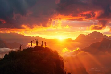 Naklejka premium a family of people standing on top of a mountain at sunset
