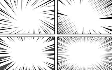 Comic book page background with radial effect. Black and white vector retro illustration