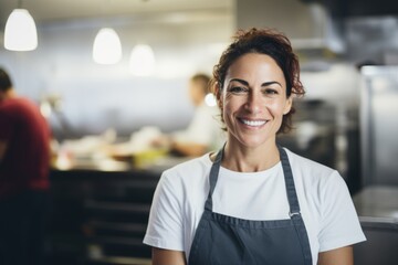 Fototapeta premium Portrait of a middle aged hispanic female chef in commercial kitchen