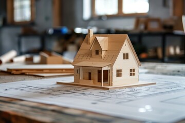 Obraz na płótnie Canvas Wooden house model on architectural blueprints
