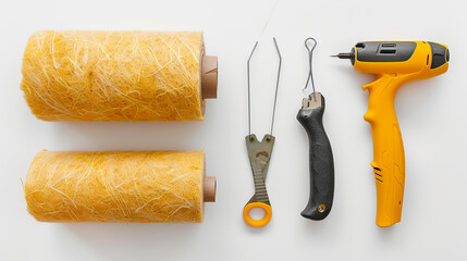 A roll of insulation, a utility knife, and a staple gun on a white background.