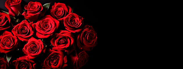Bouquet of red roses on a black background, top view with copy space. Beautiful flowers. Banner