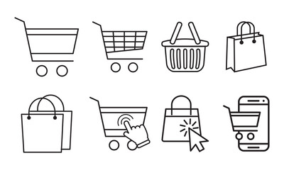 Set of shopping cart icons,  ecommerce line icons. linear vector icons such as add to cart, shopping bag, online shop, online shop, trolley, online shop, shopping bag, price tag.