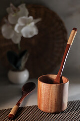 Wooden Eating and Drinking Utensils Photo With Blurred Background
