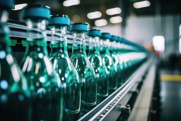 Line of plastic bottles on a assembly line