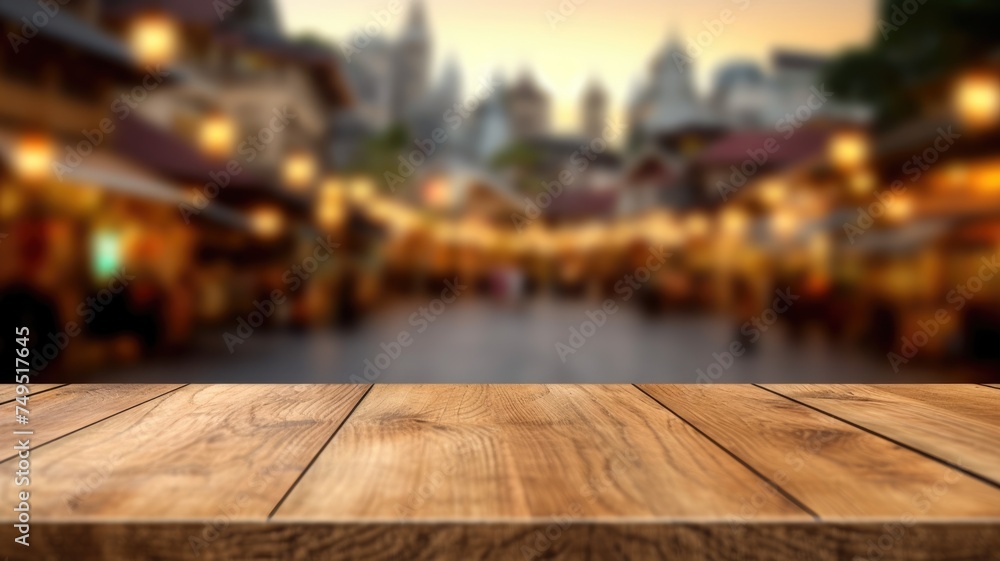 Poster the empty wooden table top with blur background of town square. exuberant image. generative ai