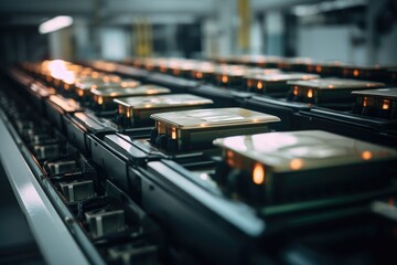 Array of Precision-Made Industrial Batteries on a Manufacturing Line
