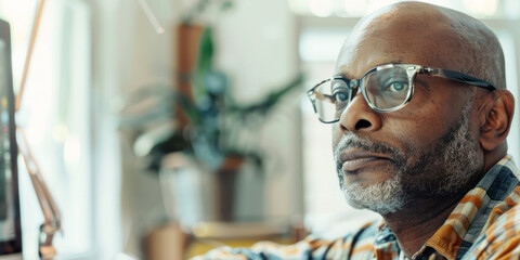 Senior Man Contemplating Life by Window, Reflective Mood, Serene Atmosphere. Home office. 